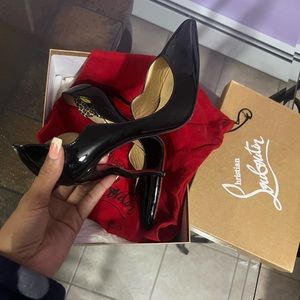 Christian Louboutin Black Patent Leather Dalida Scalloped Trim Pointed Toe Pumps